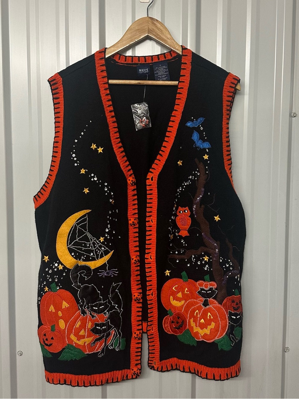 Vintage Halloween Appliqué Knit Sweater Vest Pumpkin Moon Cat Cottagecore 3X